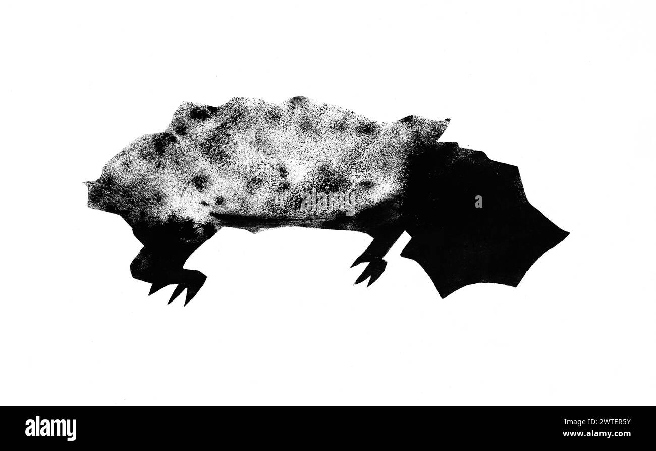 Silhouette of alligator snapping turtle drawn by hand with stamp with black tempera paint on white paper Stock Photo
