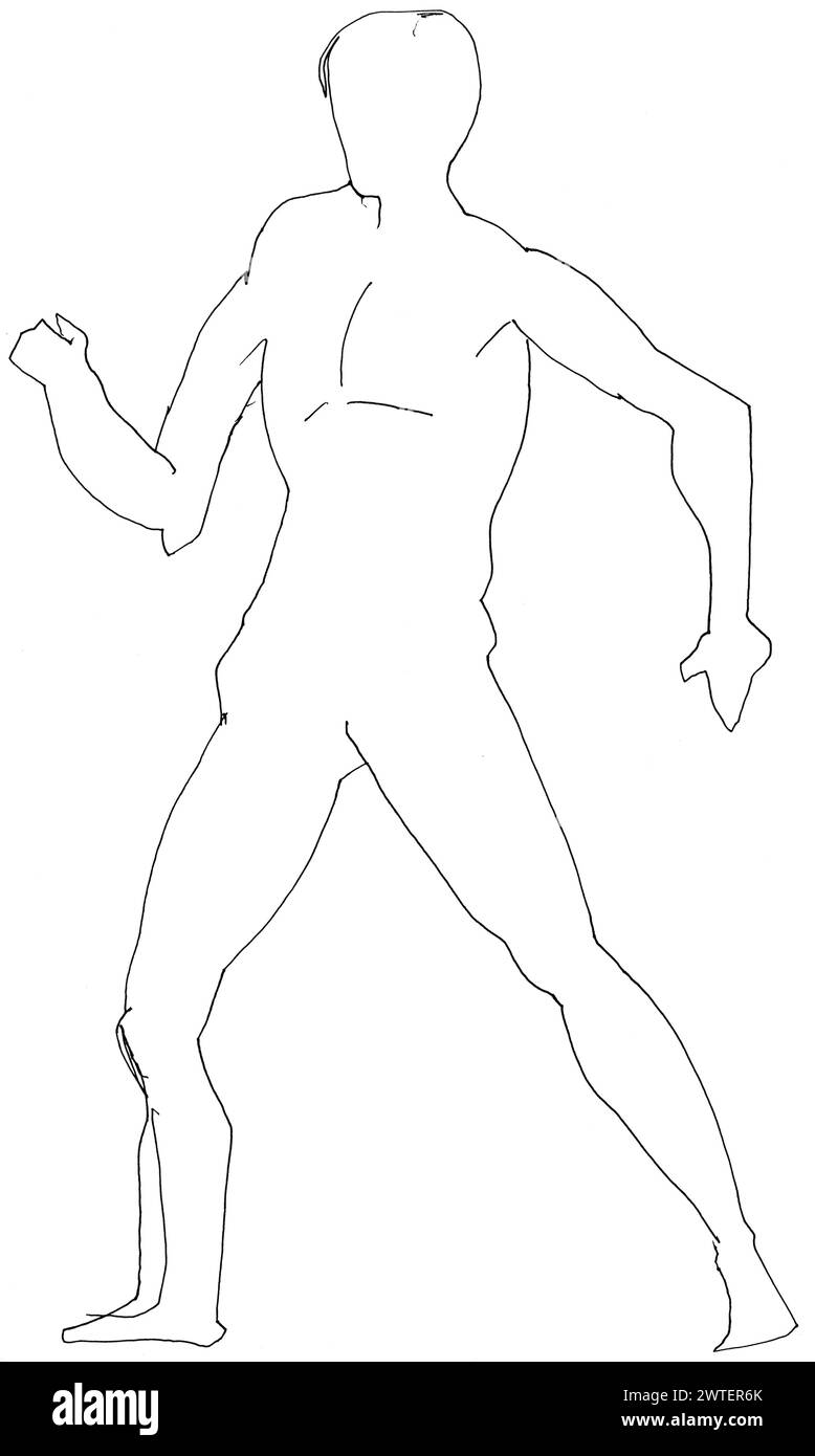 training sketch of wide-stepping male nude model from side hand-drawn in black ink on white paper Stock Photo