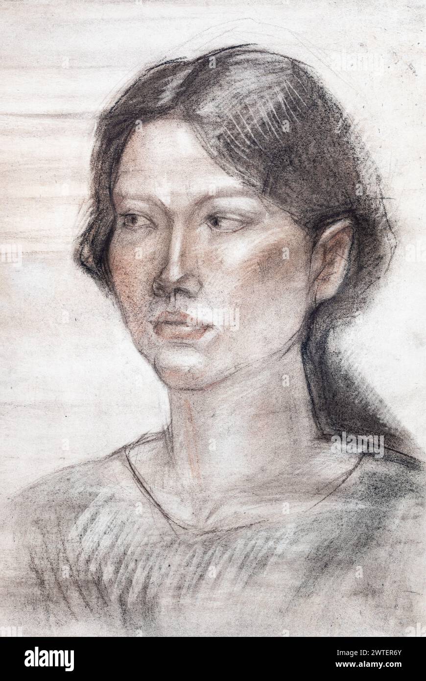 Study portrait of brunette girl hand-drawn in sepia, sanguine pastel, charcoal on white paper Stock Photo
