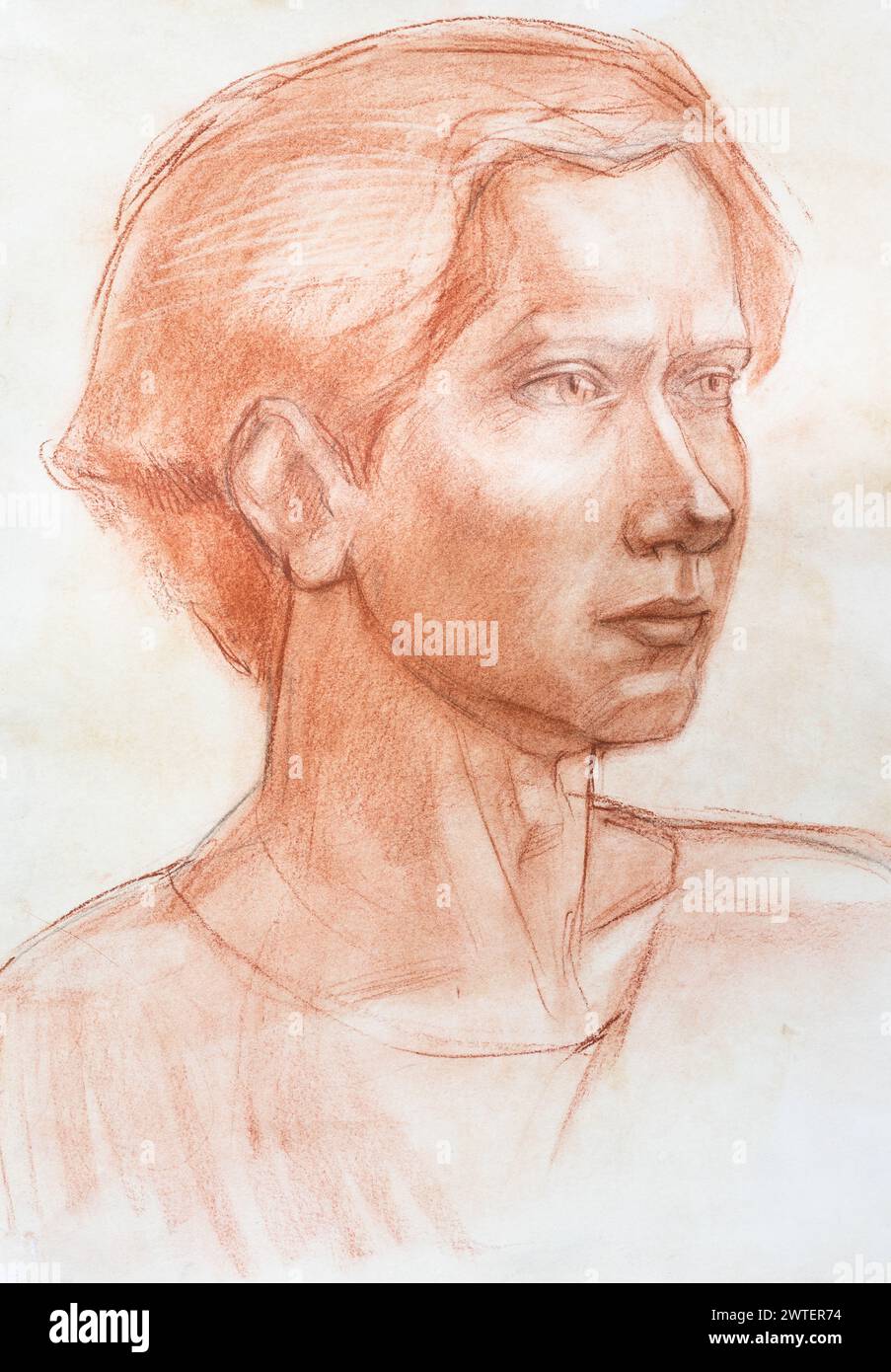 Study portrait of guy hand-drawn by sanguine pastel on white paper Stock Photo