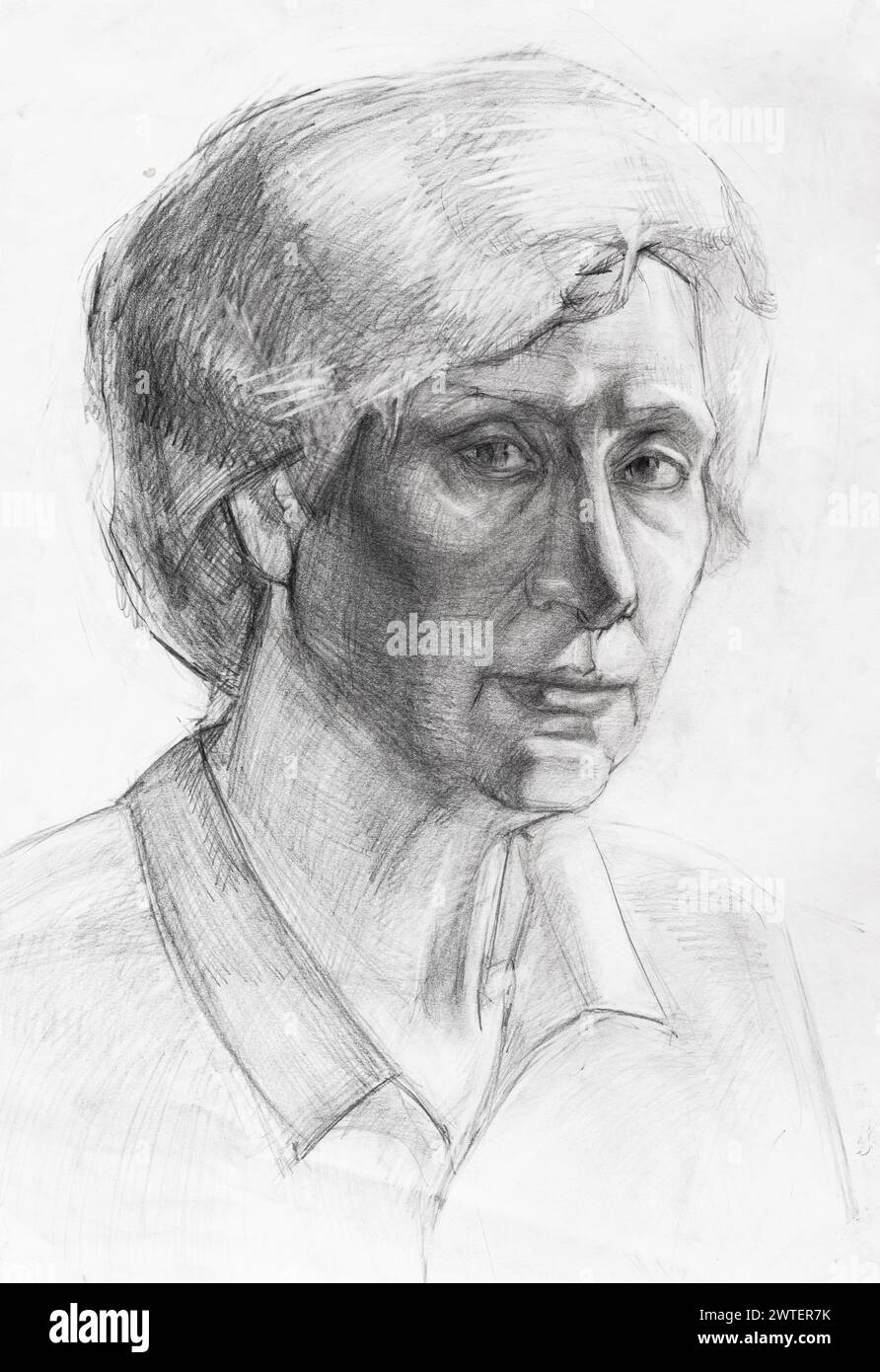 Study portrait of aged сaucasian woman hand-drawn by graphite pencil on white paper Stock Photo