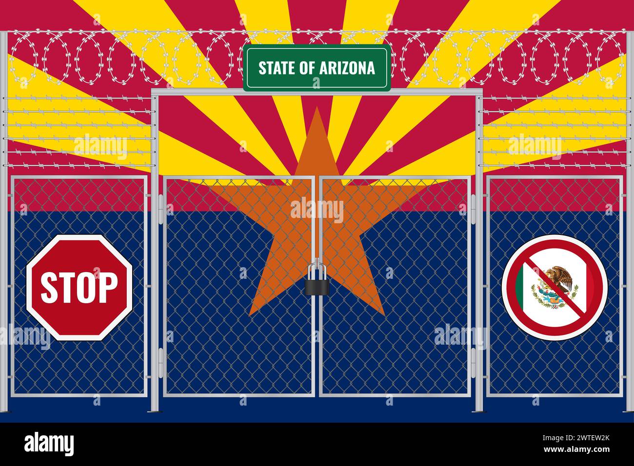 Arizona flag behind barbed wire and a fence with a lock. The problem of ...