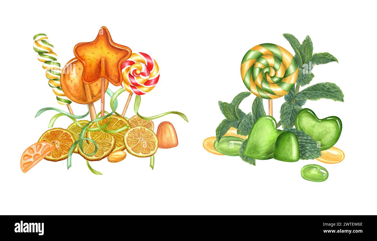 Orange flavored lollipops. Citrus, peppermint caramel, fruit jelly