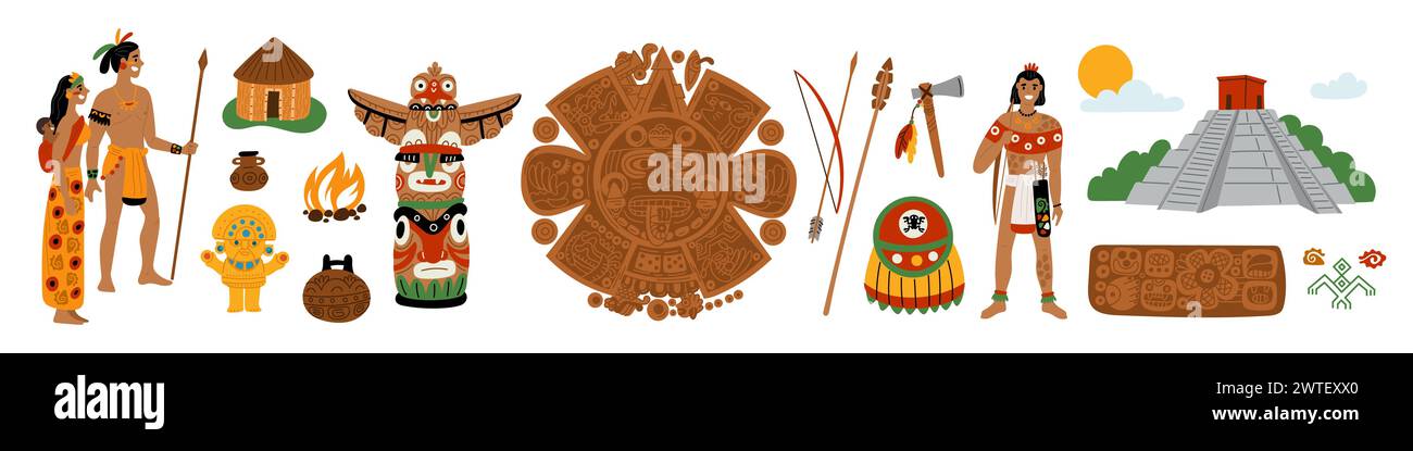 Maya civilization. Ancient Indian culture. Aztecs and Incas traditional elements. Ethnic costumes. Mexican tribe. Mesoamerican people. Occult architec Stock Vector