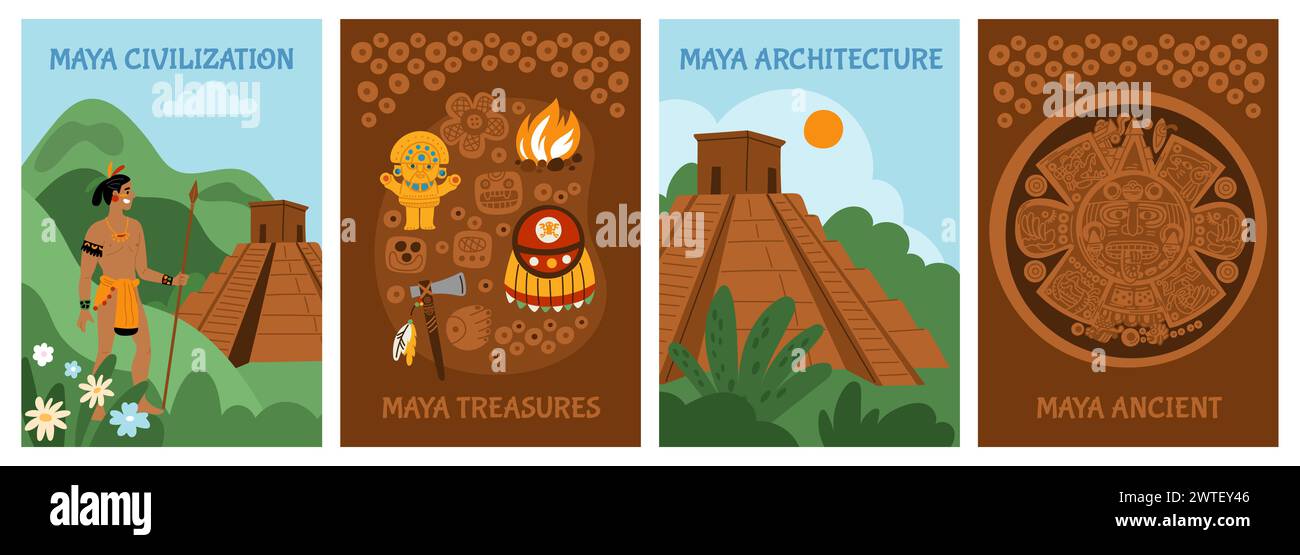 Maya civilization cards. Ancient culture. Aztecs or Incas traditions. Occult architecture. Tribe ritual. Applied arts. Mexican archaeological finds. S Stock Vector