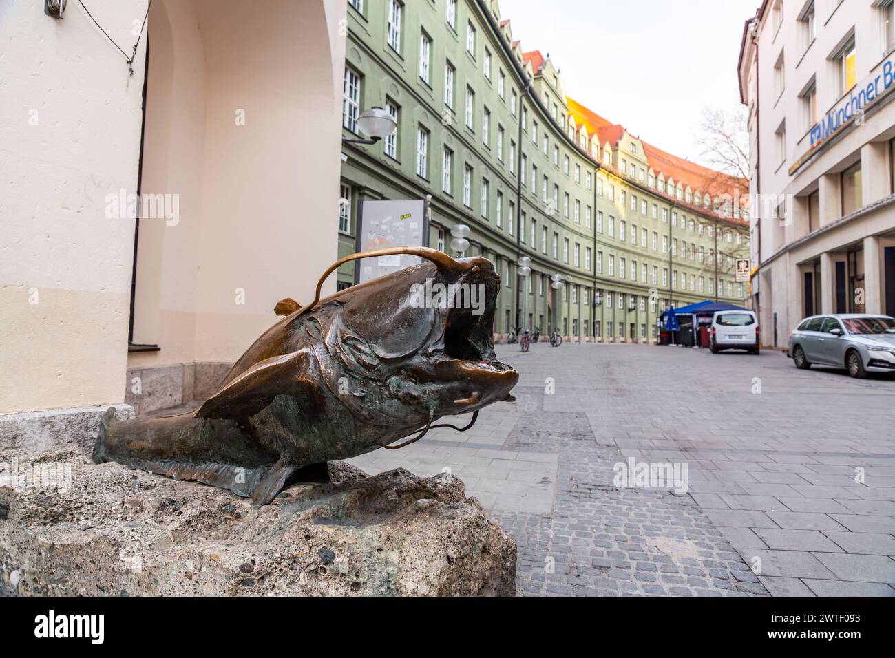 Munich, Germany - DEC 23, 2021: Wallers sculpture in front of the Fishery and Hunting Museum in Marienplatz, Munich, Germany. Replica of the Porcellin Stock Photo