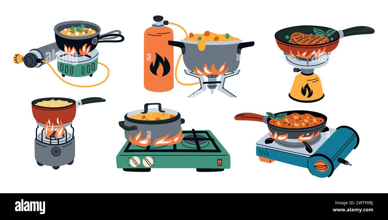 Cartoon food on camping stoves. Field kitchen elements. Soup cooking outdoors. Hiking and picnics. Propane portable burners. Gas cylinder. Travel cook Stock Vector