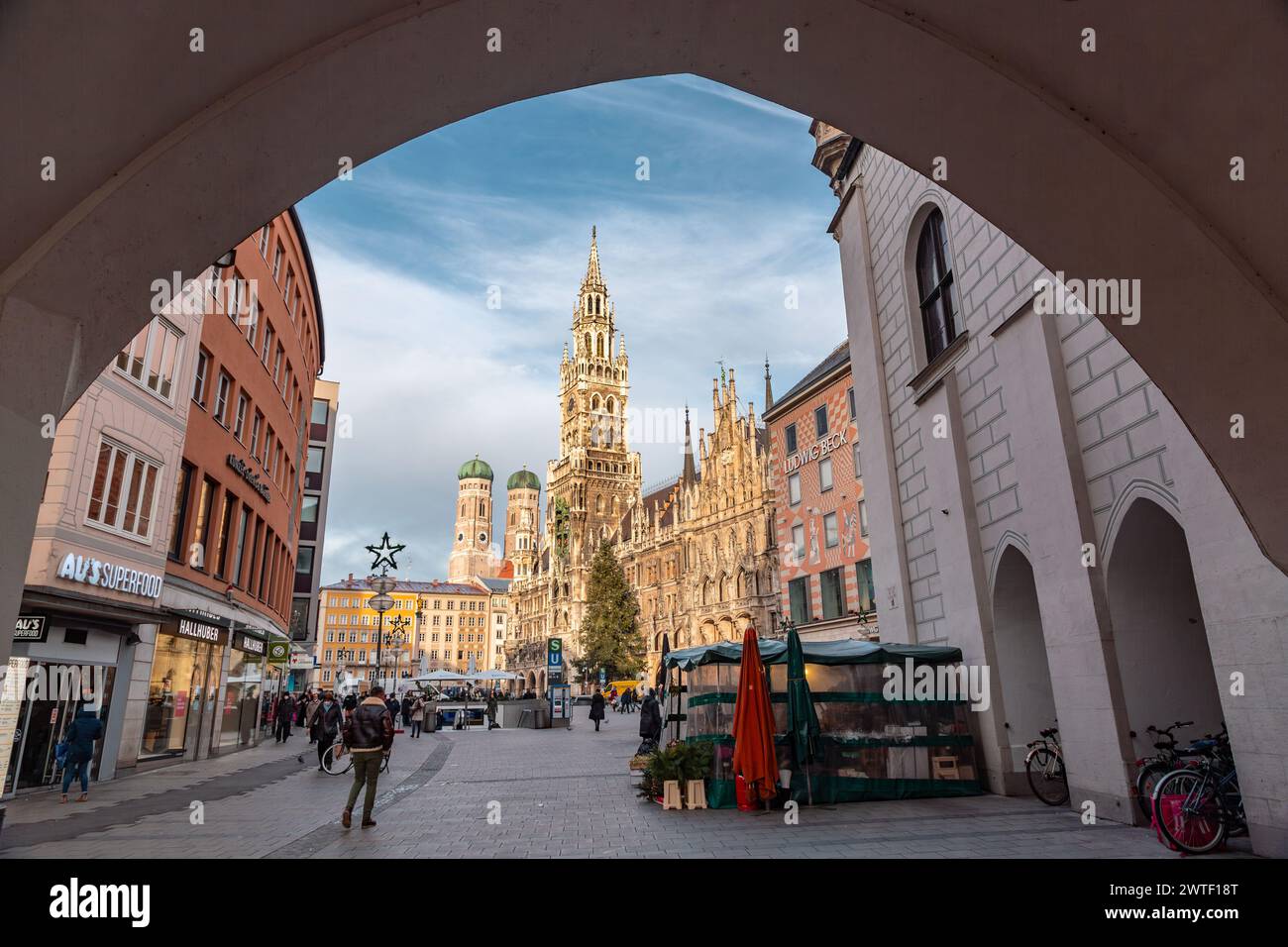Munich, Germany DEC 26, 2021 Buildings around Marienplatz, one of the most vibrant squares in