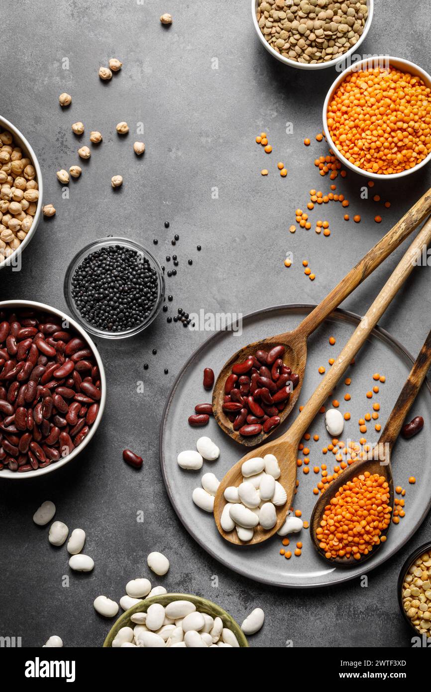 Various types of legumes, beans, lentils. chickpeas and peas, top view ...