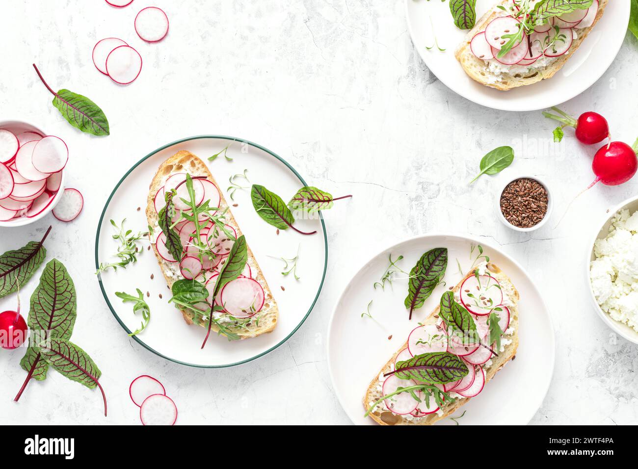 Radish sandwiches with cottage cheese and fresh green leaves, top down view Stock Photo