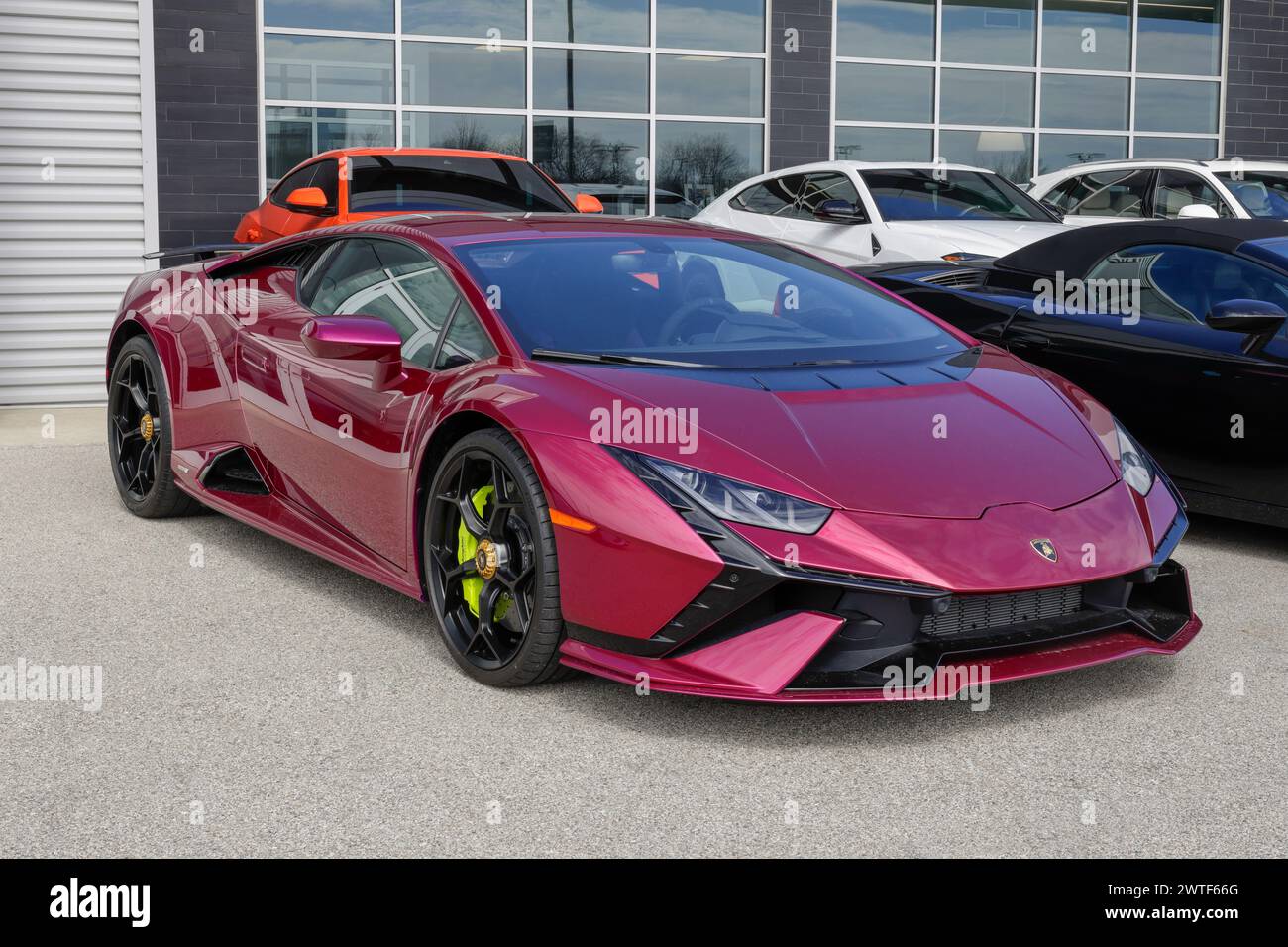 Indianapolis - March 16, 2024: Lamborghini Huracan Tecnica display at a dealership. Lamborghini offers the Huracan Tecnica with a 5.2L V10 engine. MY: Stock Photo