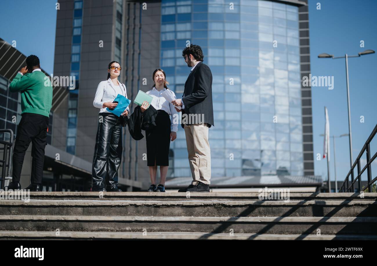 Diverse business professionals talking outside a corporate building Stock Photo