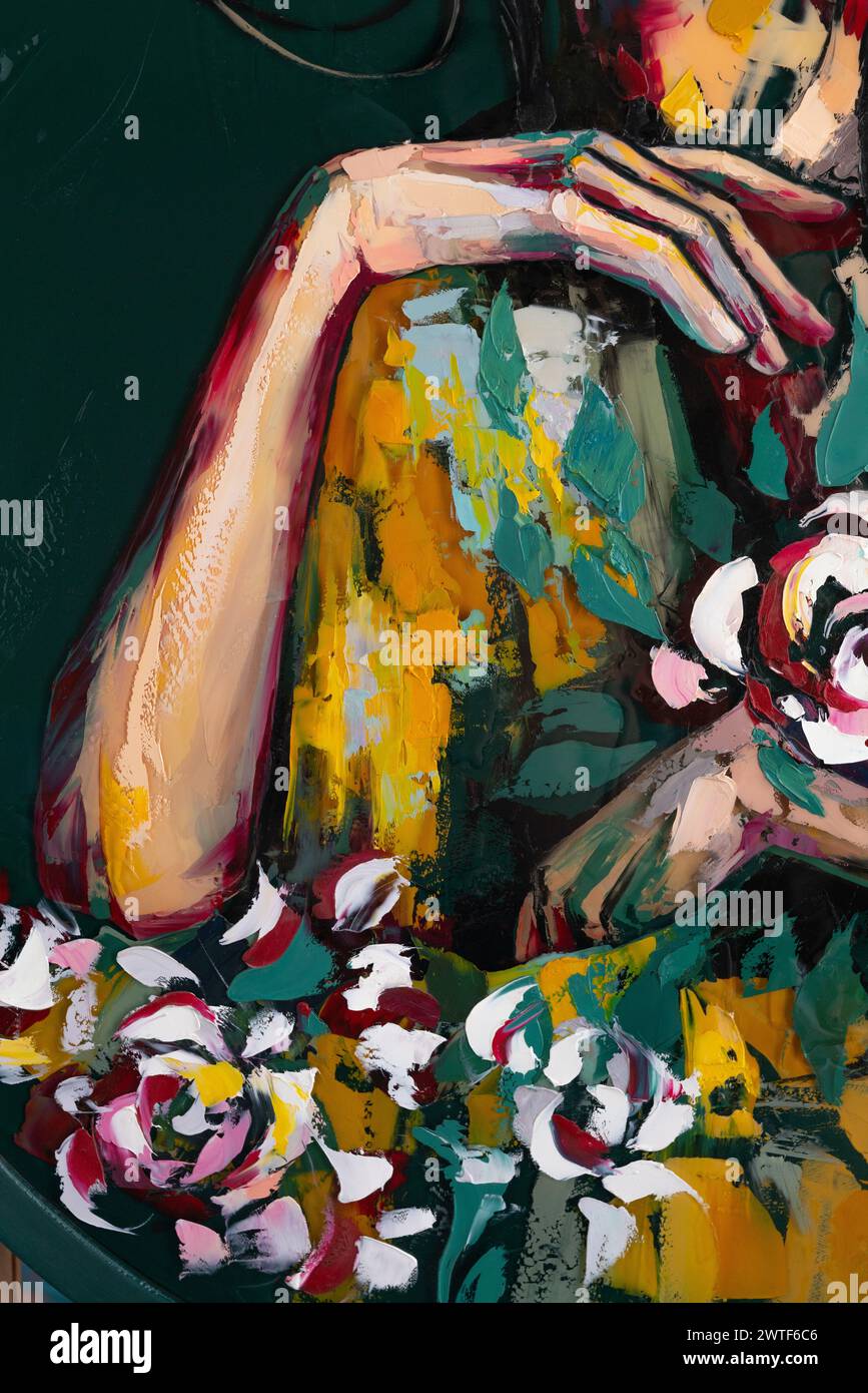 The girl is painted with a palette knife and oil paints on round ...