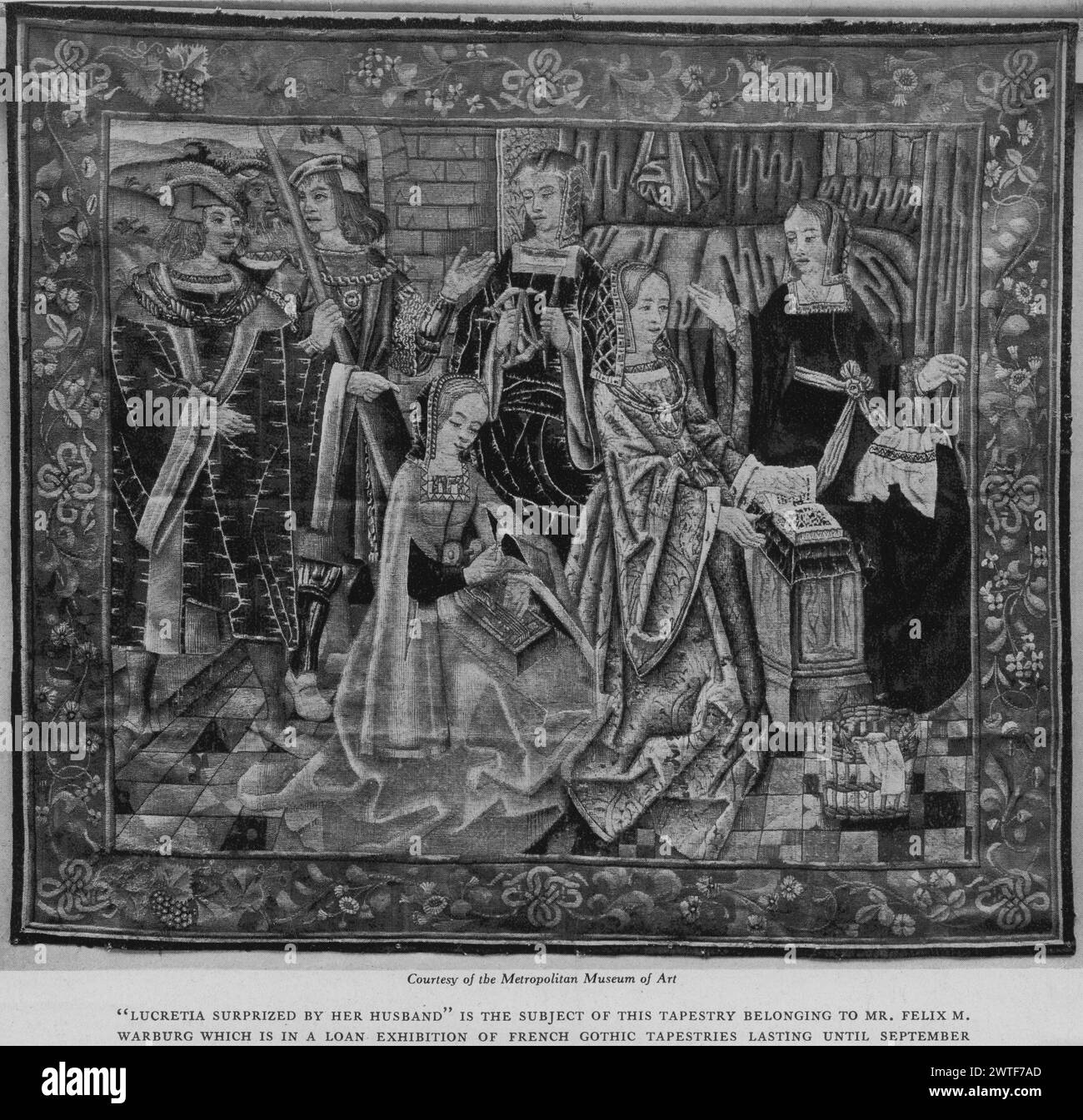 Lucretia surprised by her husband Collatinus and Sextus Tarquinius. unknown c. 1510 Tapestry Dimensions: H 6'10' x W 7'10' Tapestry Materials/Techniques: unknown Culture: Southern Netherlands Weaving Center: unknown Ownership History: French & Co. purchased from Charles 4/15/1920; sold to Felix M. Warburg 11/30/1920. Collatinus & Sextus Tarquinius (L) enter room with 4 ladies, includint Lucretia, engaged in sewing & reading (BRD) twisting vine with ribbons & blooming flowers Tapestry rewoven in the 19th century [?] (Campbell). 2 other tapestries were purchased with this panel (Stock sheet). Fr Stock Photo