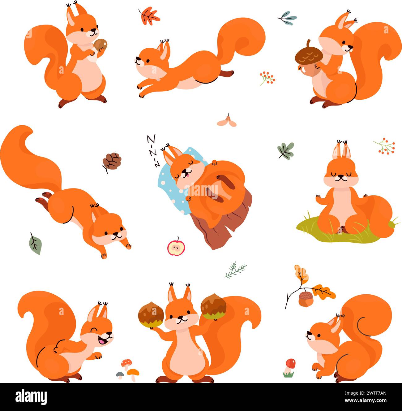 Cartoon squirrel. Forest funny squirrels in different poses. Animals sleep, storing food for winter, play and meditation. Cute nowaday vector Stock Vector