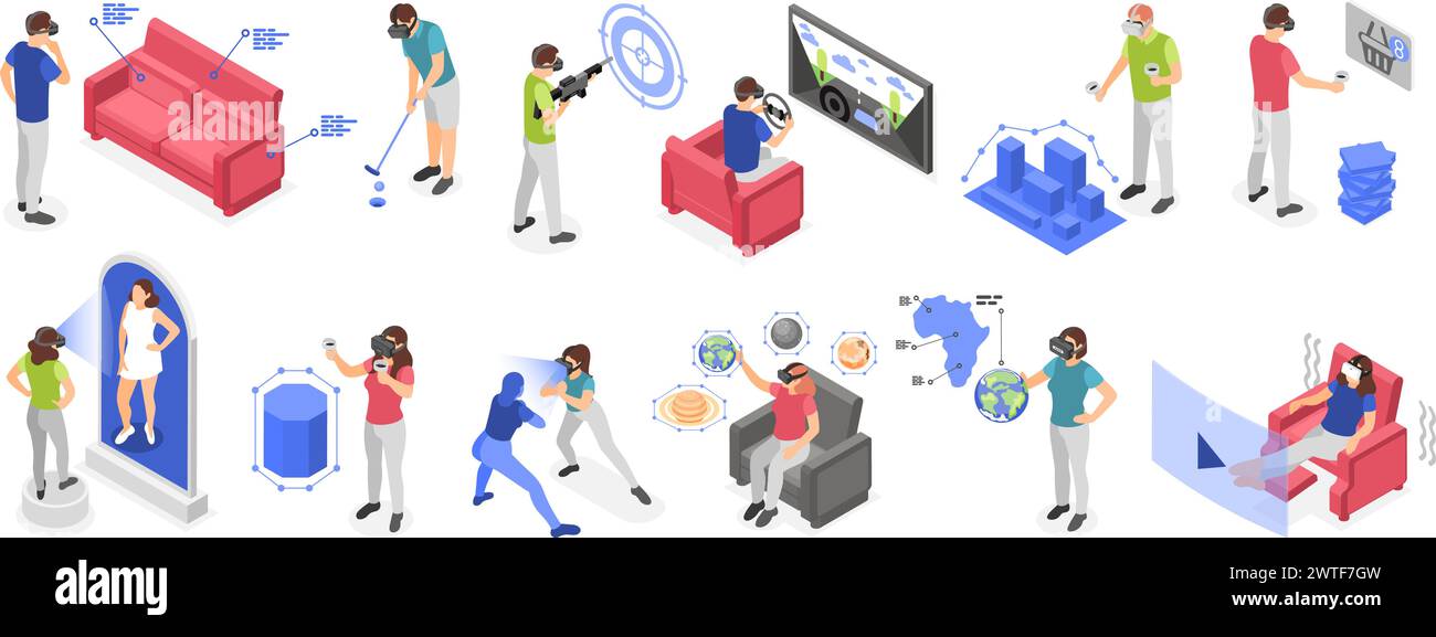 Isometric virtual reality simulators. People using vr glasses playing, shooting, studying. Modern digital technologies, flawless vector scenes Stock Vector