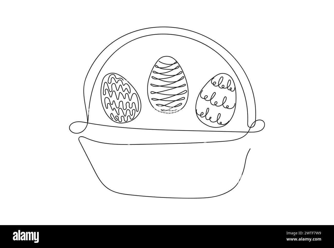 Wicker basket with Easter eggs. Continuous one line drawing. Black ...