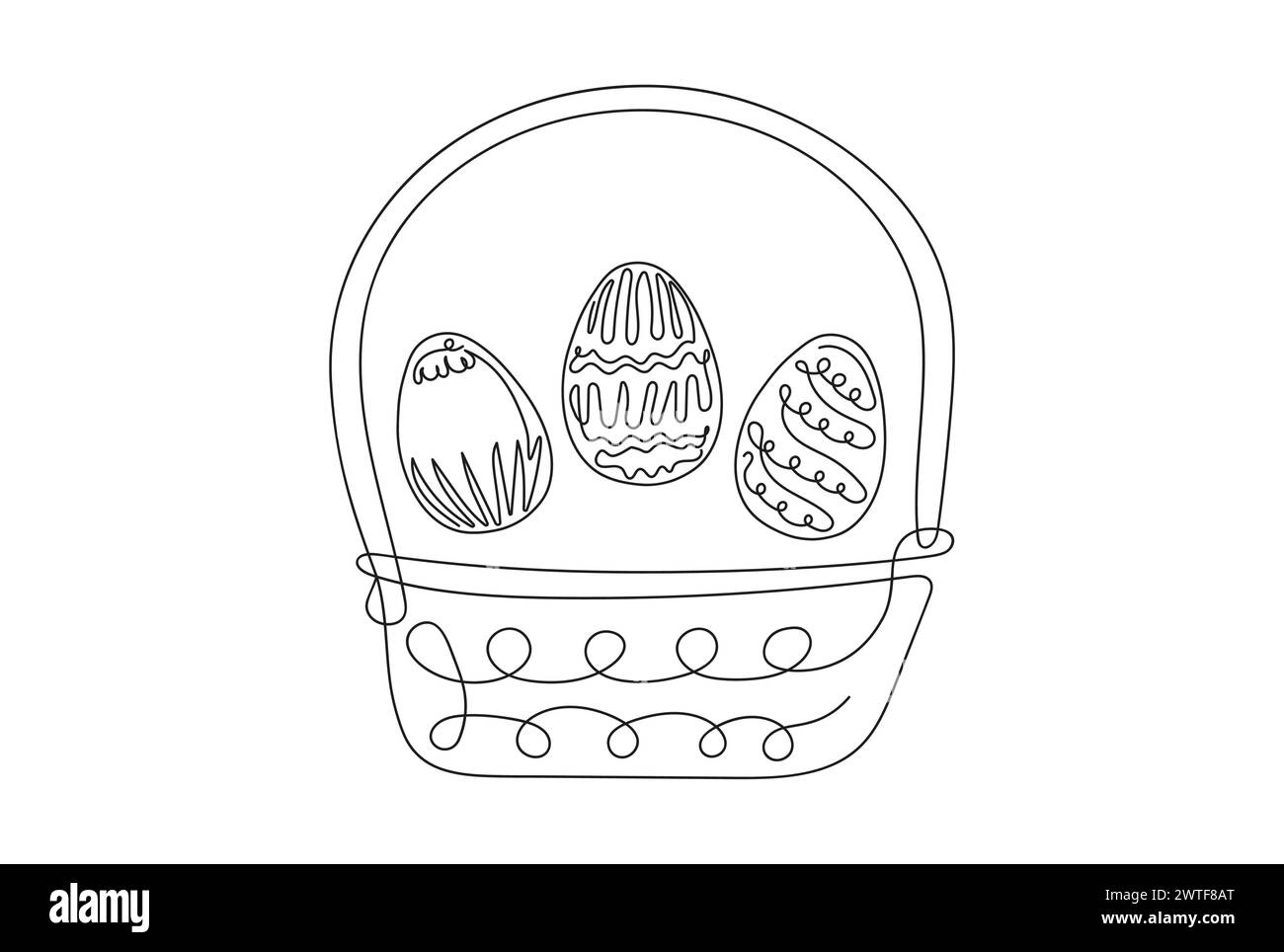 Wicker basket with Easter eggs. Continuous one line drawing. Black ...