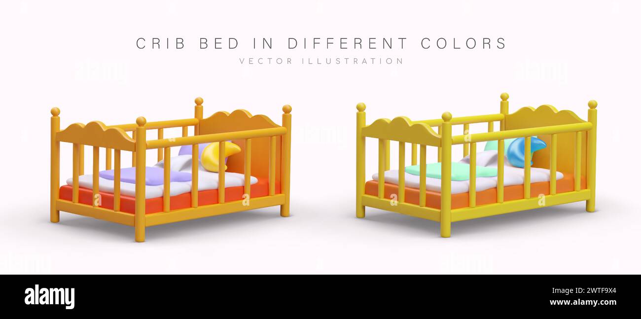Crib bed. Baby cot in different colors. Set of vector images. Cute bed accessories. Time to