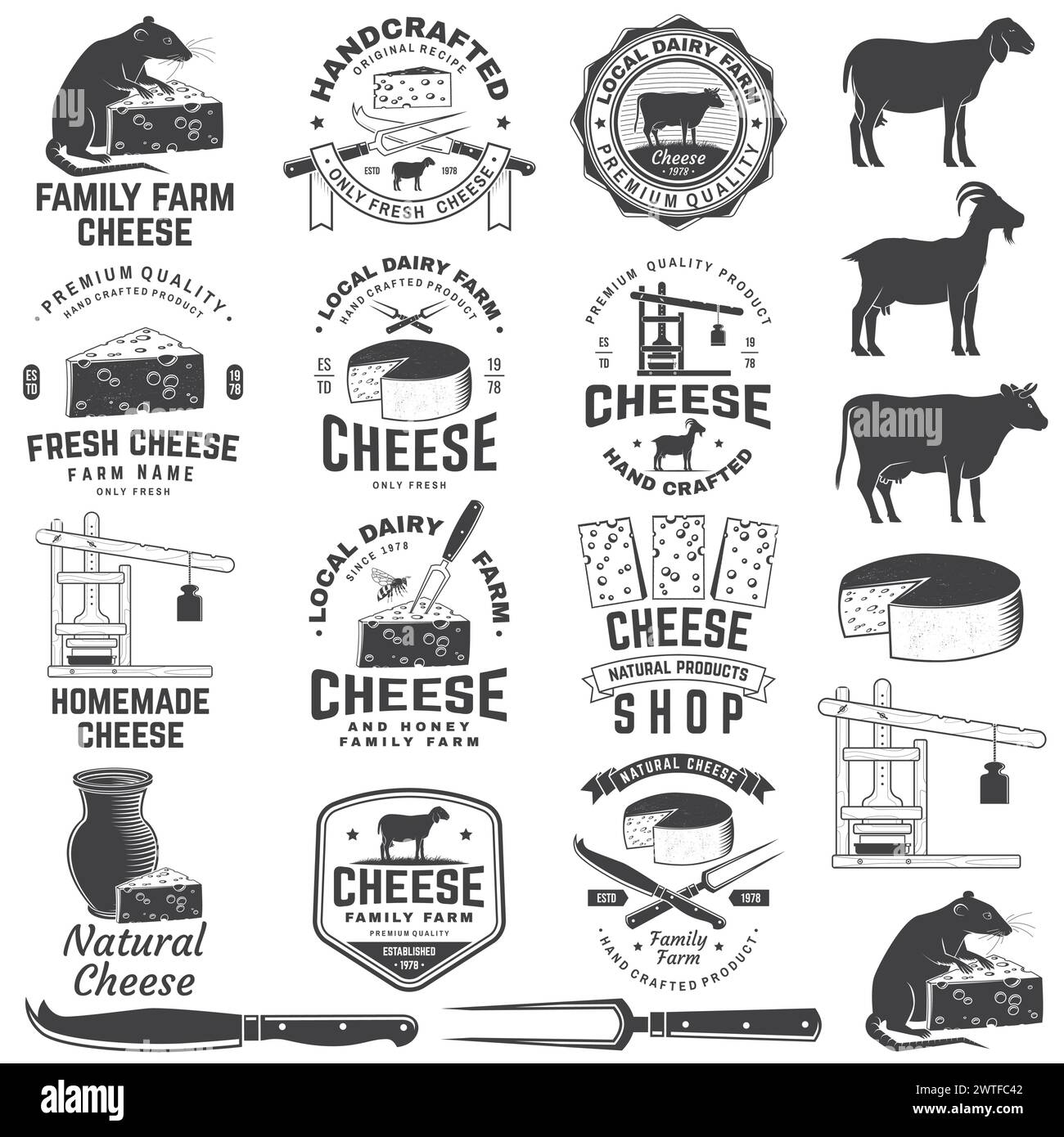 Cheese family farm badge design. Template for logo, branding design with block cheese, sheep lacaune on the grass, fork, knife for cheese, cow, cheese Stock Vector