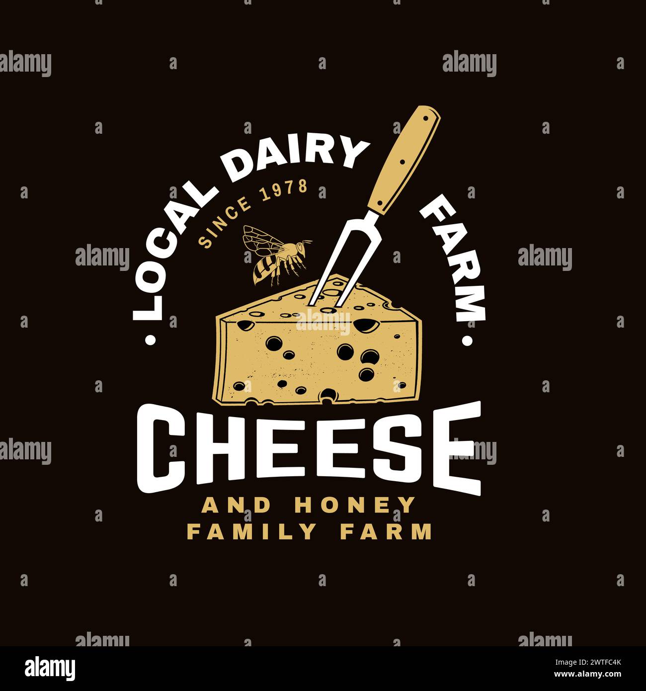 Local dairy farm badge design. Template for logo, branding design with block cheese, fork for cheese and bee. Vector illustration. Cheese and honey Stock Vector