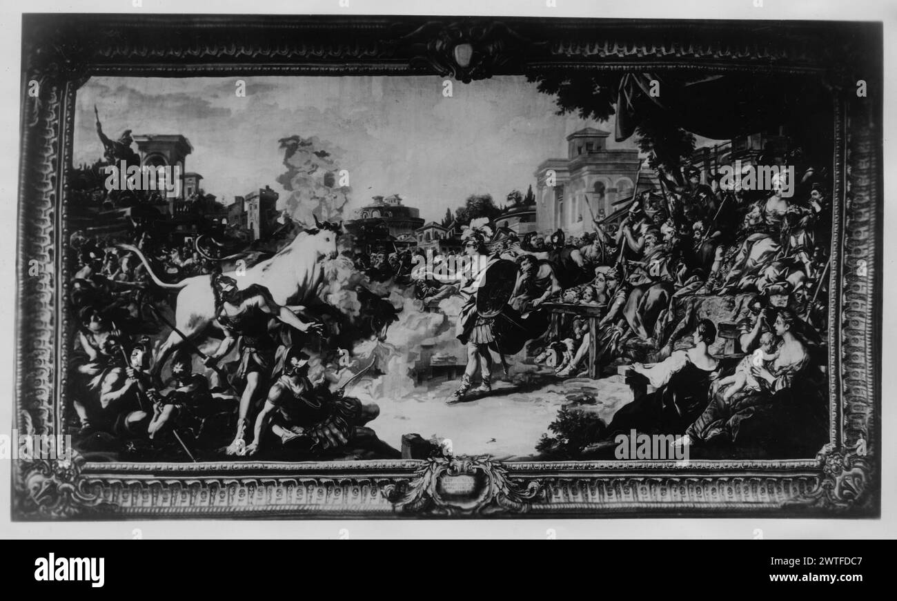 Jason subdues the fire-breathing bulls of Mars (Ares) with enchanted herbs. Troy, Jean François de (French, 1679-1752) (author of design & cartoon creator) [painter] Chevillon (French, act. 1740-1760) (author of design, borders) [painter] Audran, Michel (French, b.1701-d.1771) (workshop) [weaver] Cozette, Pierre-François (French, b.1714-d.1801) (workshop) [weaver] c. 1749-1793 Tapestry Dimensions: H 14' x W 25' Tapestry Materials/Techniques: unknown Culture: French Weaving Center: Paris Ownership History: French & Co.?. United States, Connecticut, Hartford, Wadsworth Atheneum, accno. 1946.146. Stock Photo