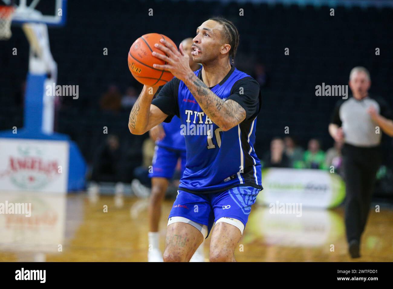 London, Canada. 17th Mar, 2024. London Ontario Canada. March 17 2024, The London Lightning defeat the Kitchener Titans 118-114 in regulation on St. Patrick's Day. Marque Maultsby (11) of Kitchener Titans takes free throw. Credit: Luke Durda/Alamy Live News Stock Photo