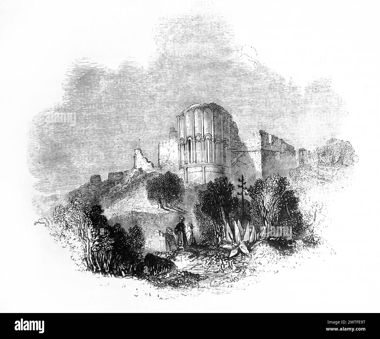 Illustration of Samaria-Sebaste Ruins in Palestine from Laborde's Syria in Antique 19th Century Illustrated Family Bible Stock Photo