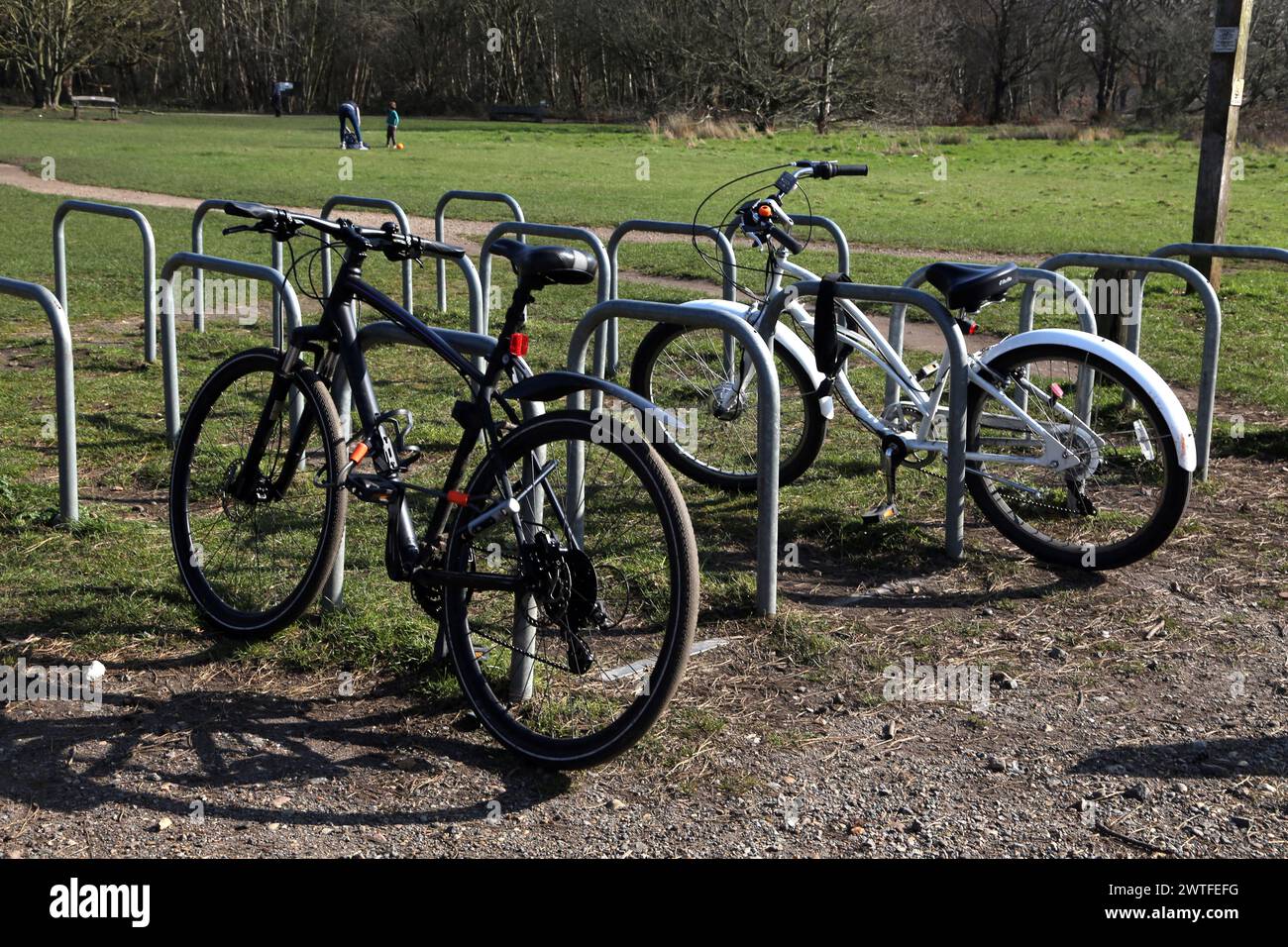 Bicycles in Racks Wimbledon Common Greater London England Stock Photo