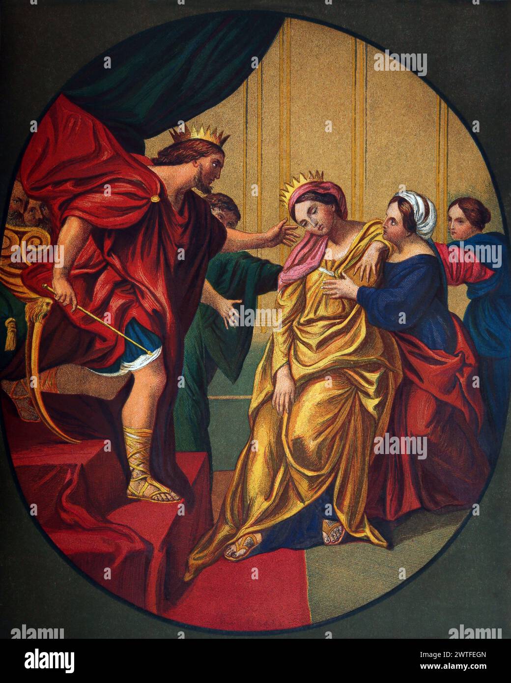 Esther brought to King Ahasuerus from a Painting by Domenichino from the Antique 19th century Illustrated family Bible Stock Photo
