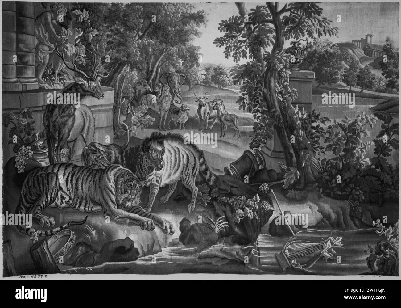 Death of Orpheus. Oudry, Jean-Baptiste (French, 1686-1755) (designed after) [painter] c. 1771 Tapestry Dimensions: H 7'4' x W 10'10' Tapestry Materials/Techniques: unknown Culture: French Weaving Center: Aubusson Ownership History: French & Co. purchased from Simon Roseman, received 4/12/1914; sold to H. B. Harris 6/29/1943. After Orpheus is killed by the Maenads, his lyre continues to float down the Hebrus river, still singing & charming the animals Borders missing (Soustelle) This scene is part of the Ovid's Metamorphoses series designed by Jean-Baptiste Oudry for the Beauvais manufactory in Stock Photo