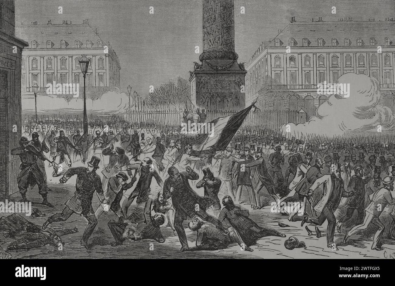 France. Paris Commune. Popular revolutionary movement that took power in Paris from 18 March to 28 May 1871, during the Franco-Prussian War. Massacre of supporters of the 'Party of Order' (conservatives) in the Place Vendôme in Paris, 22 March 1871. The so-called 'Friends of Order', also 'Friends of Peace', held a demonstration in front of the headquarters of the National Guard, demanding the expulsion of the headquarters of the 'federates' from the Place Vendôme. They disarmed and attacked two sentries, provoking the reaction of two hundred federates in the square, who clashed with the demons Stock Photo