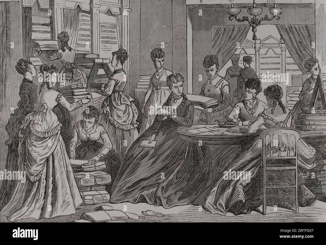 Franco-Prussian War (1870-1871). Stuttgart ladies' committee collecting goods for the war wounded. Engraving. 'Historia de la Guerra de Francia y Prusia' (History of the War between France and Prussia). Volume II. Published in Barcelona, 1871. Stock Photo
