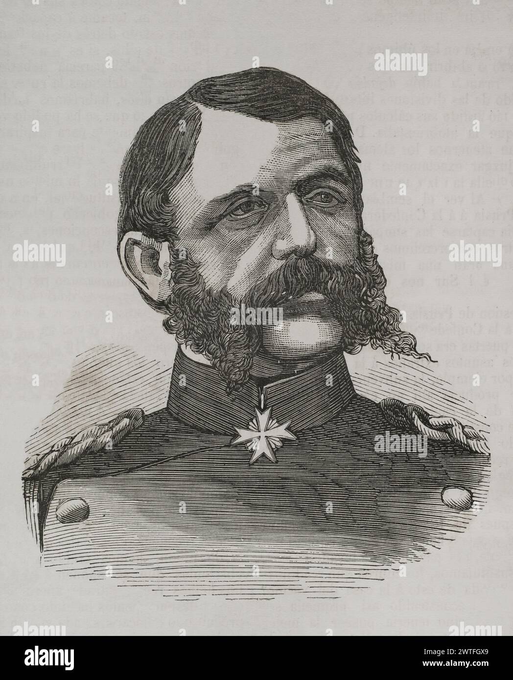 Theophil von Podbielski (1814-1879). General of the Prussian Army. Portrait. Engraving. 'Historia de la Guerra de Francia y Prusia' (History of the War between France and Prussia). Volume II. Published in Barcelona, 1871. Stock Photo