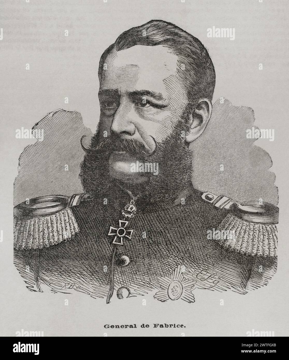 Alfred von Fabrice (Georg Friedrich Alfred von Fabrice) (1818-1891). Saxon cavalry general and politician. Minister of War (1866-1891) and president of the government of the Kingdom of Saxony (1876-1891). Portrait. Engraving. 'Historia de la Guerra de Francia y Prusia' (History of the War between France and Prussia). Volume II. Published in Barcelona, 1871. Stock Photo