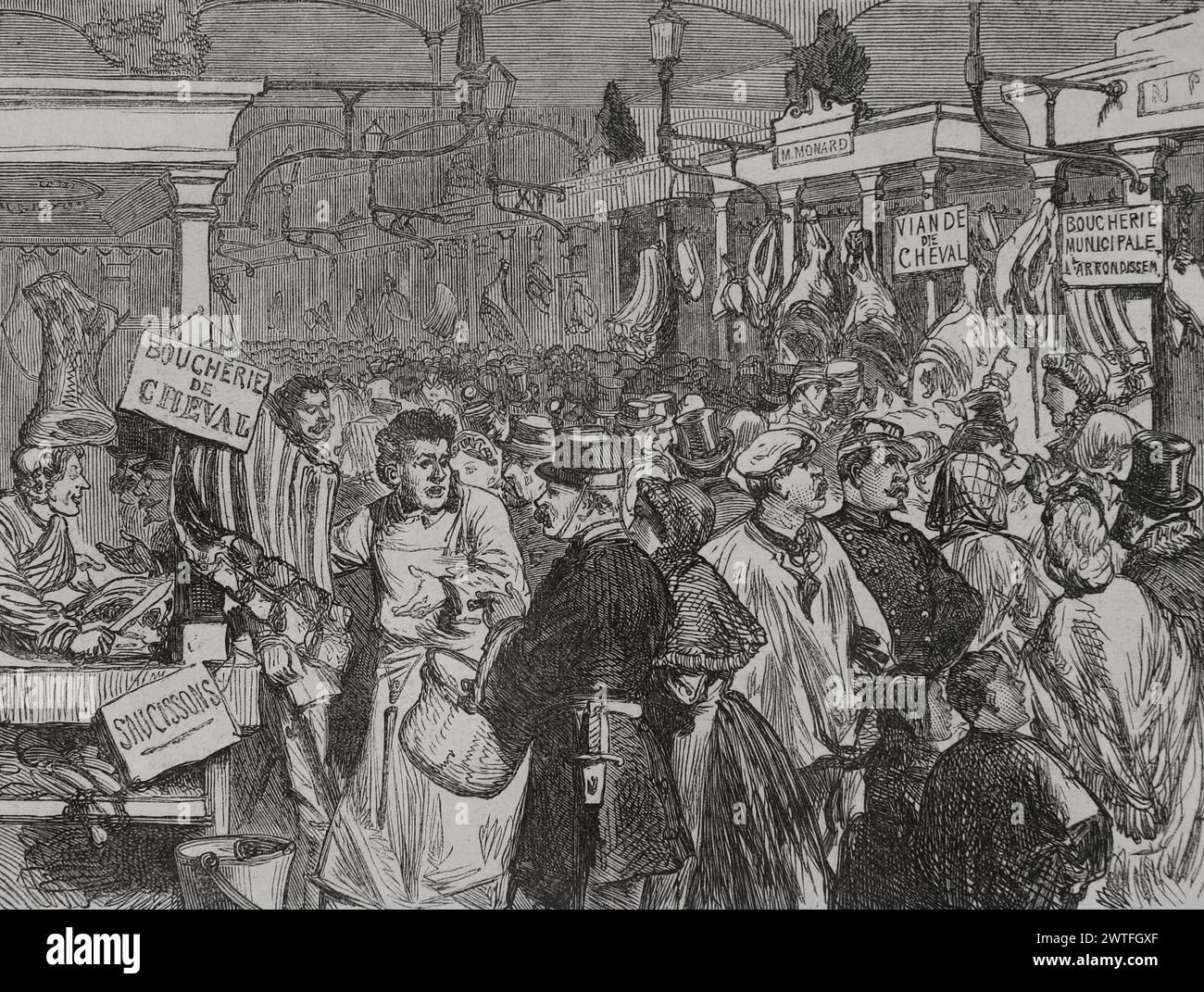 Franco-Prussian War (1870-1871). Siege of Paris (19 September 1870 to 28 January 1871). Meat market in Paris. Engraving. 'Historia de la Guerra de Francia y Prusia' (History of the War between France and Prussia). Volume II. Published in Barcelona, 1871. Stock Photo