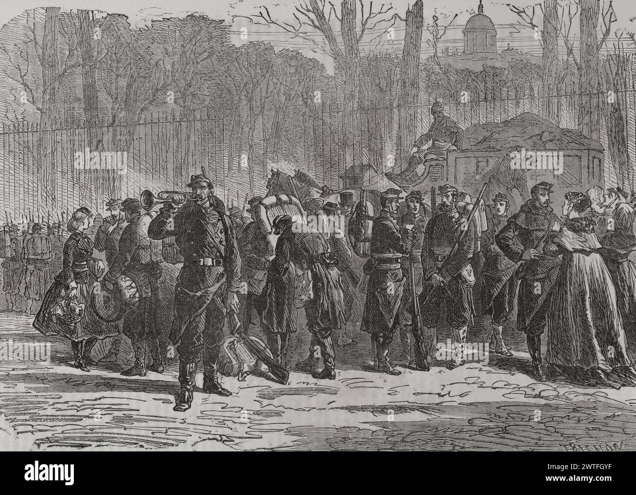 Franco-German War (1870-1871). France. Departure of the 10th regiment of the National Guard for the outposts. Engraving by Trichon. 'Historia de la Guerra de Francia y Prusia' (History of the War between France and Prussia). Volume II. Published in Barcelona, 1871. Author: Auguste Trichon (1814-1898). French engraver. Stock Photo