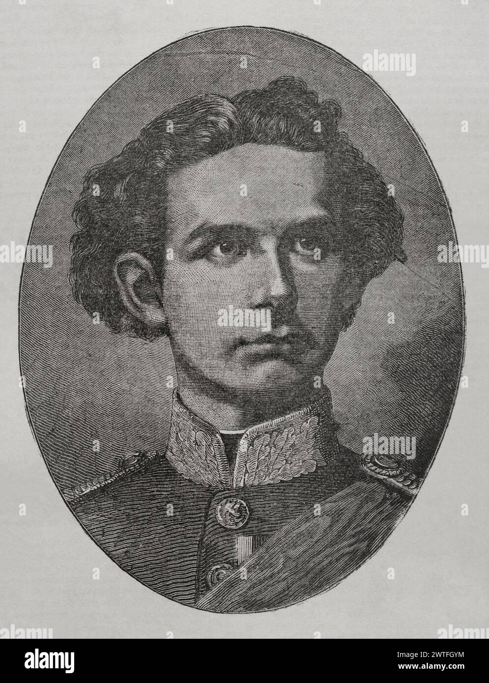 Ludwig II of Bavaria (1845-1886). King of Bavaria (1864-1886). Portrait. Engraving. 'Historia de la Guerra de Francia y Prusia' (History of the War between France and Prussia). Volume II. Published in Barcelona, 1871. Stock Photo