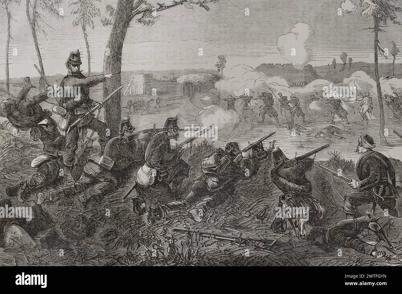 Franco-Prussian War (1870-1871). Siege of Paris (19 September 1870 to 28 January 1871). Skirmishes between the Prussian outposts encircling Paris and the besieged. Engraving by Capuz. 'Historia de la Guerra de Francia y Prusia' (History of the War between France and Prussia). Volume II. Published in Barcelona, 1871. Author: Tomás Carlos Capuz (1834-1899). Spanish engraver. Stock Photo