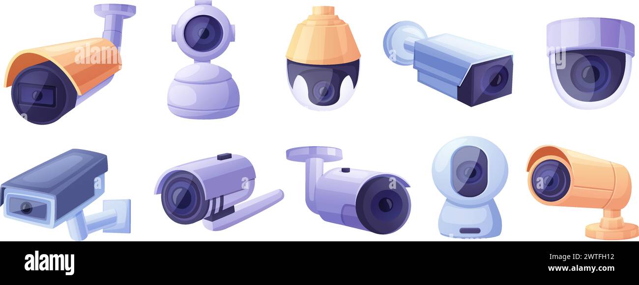 Cctv cartoon cameras. Video camera, indoor or outdoor watching security system. Digital technologies for protect, road control, nowaday vector set Stock Vector
