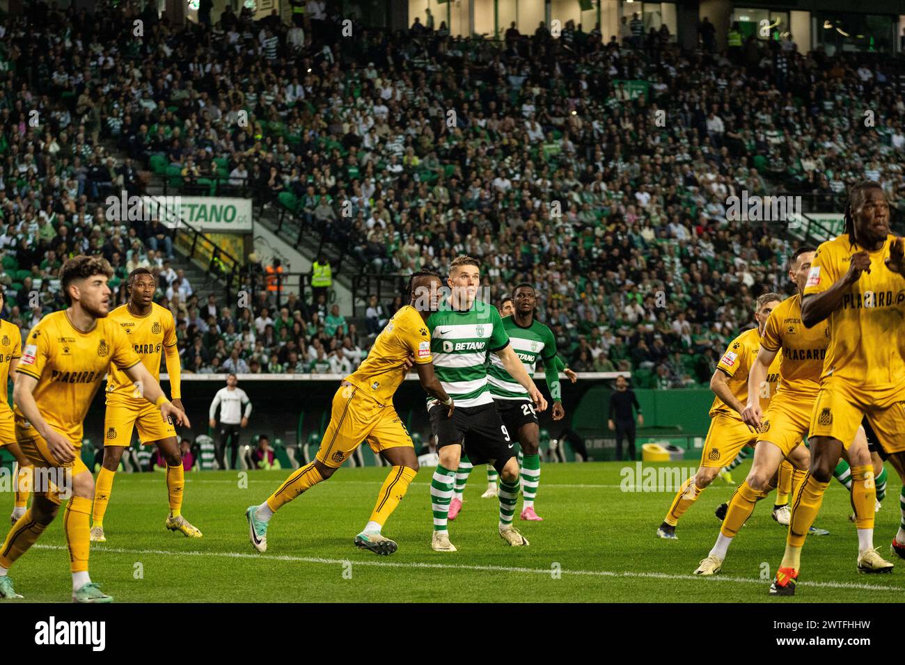 Lisbon, Portugal. 17th Mar, 2024. Lisbon, Portugal, March 17 2024: Viktor Gyokeres (9 Sporting CP) and Chidozie Awaziem (5 Boavista) in action during the Liga Portugal game between Sporting CP and Boavista at Estadio Jose Alvalade in Lisbon, Portugal. (Pedro Porru/SPP) Credit: SPP Sport Press Photo. /Alamy Live News Stock Photo