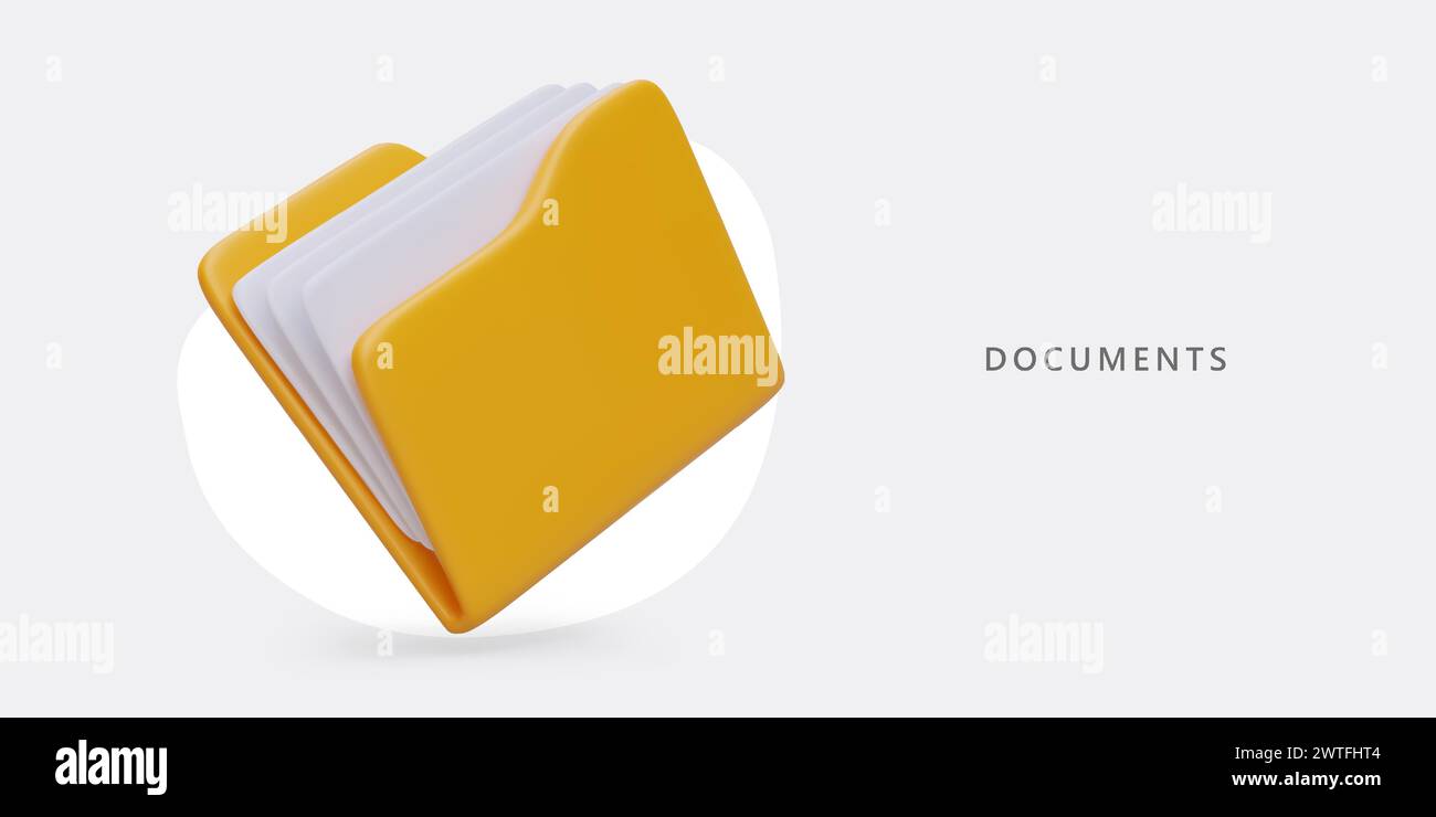 3D yellow folder with documents. Sorting and storing files. Data ...