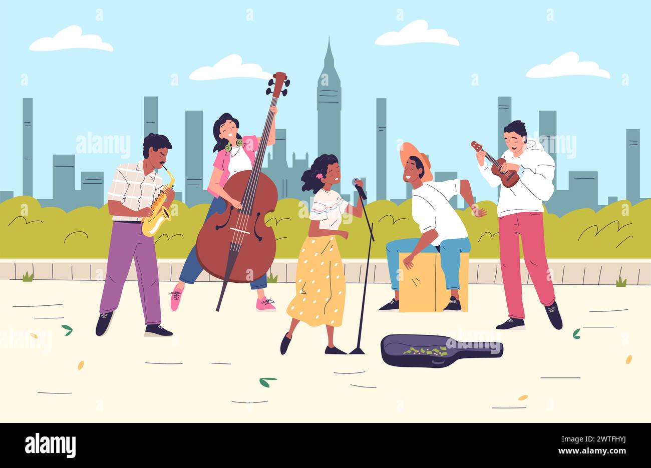 Street musician band. Young performers singing microphone playing musical instruments, outside concert in town square outdoor garden, busking musicians classy vector illustration of music performer Stock Vector