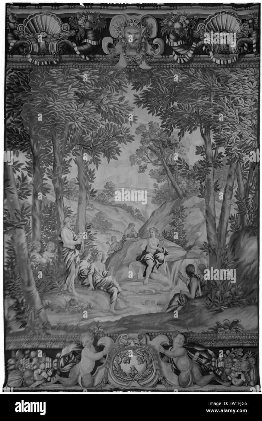 Apollo and Muses on Mount Parnassus. Majoli, Clemente (Italian, b. ca.1610-d. aft.1673) (author of design, cartoon creator) [painter] Riviera, Maria Maddelena della (Italian, act. ca.1646-d.1678) (workshop) [weaver] c 1662-1663 Tapestry Dimensions: H 13'7' x W 9' Tapestry Materials/Techniques: unknown Culture: Italian Weaving Center: , LazioRome Ownership History: Barberini coll. Charles Mather Ffoulke coll. (Washington, D.C.). French & Co. purchased from Mary de Espirito Santa Silva 4/1/1955 (or, Parke-Bernet, Twombly sale, 1/6-8/1955); sold to R. E. Rokhaar 12/14/1963. France, Paris, Paris, Stock Photo