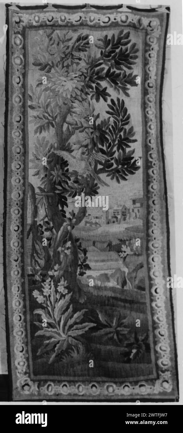 Landscape with bird. unknown unknown Tapestry Dimensions: H 7'4' x W 3'2' Tapestry Materials/Techniques: unknown Culture: French Weaving Center: Aubusson Ownership History: French & Co. received from Mihran N. Costikyan 7/13/1954; returned 10/13/1954. Bird in tree, amongst flowering plants; river with waterfall, buildings in background (BRD) border with jewel-like chain; C-scroll motifs in corners French & Co. stock sheet in archive, 55001-x-a Related Works: Panels in set: GCPA 0243555, 0184468 Stock Photo