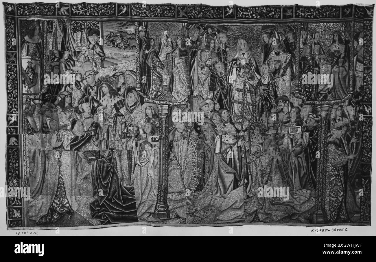 Glorification of Virgin Mary. unknown c. 1500-1510 Tapestry Dimensions: H 5'10' x W 8' (left half of top portion) Tapestry Materials/Techniques: unknown Culture: Southern Netherlands Ownership History: Bramshill chapel; sold, London Sotheby's, 3/13/1931. French & Co. purchased from Spanish Art Galleries, invoiced 3/16/1931. Scotland, Lanark, Glasgow, Burrell Collection. Inscriptions: Inscription in central field on plaque held by man right of center on GCPA 0239472: O DULCE MARIA Inscriptions: Inscription in central field on banderole held by man in lower center on GCPA 0239472: [O] PIA Inscri Stock Photo