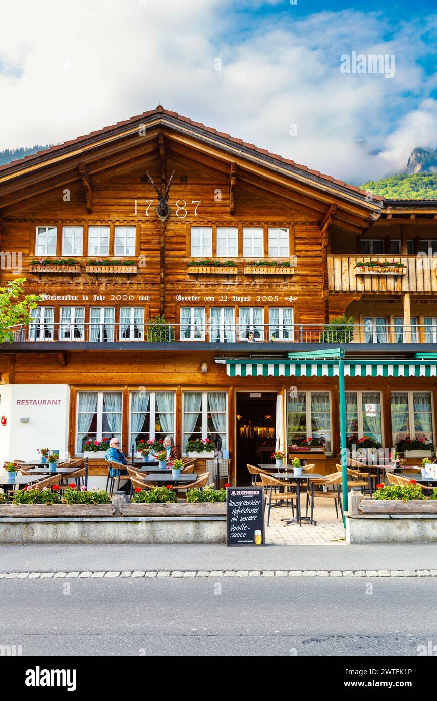 Exterior of traditional chalet style Hotel-Restaurant Steinbock, Brienz, Switzerland Stock Photo