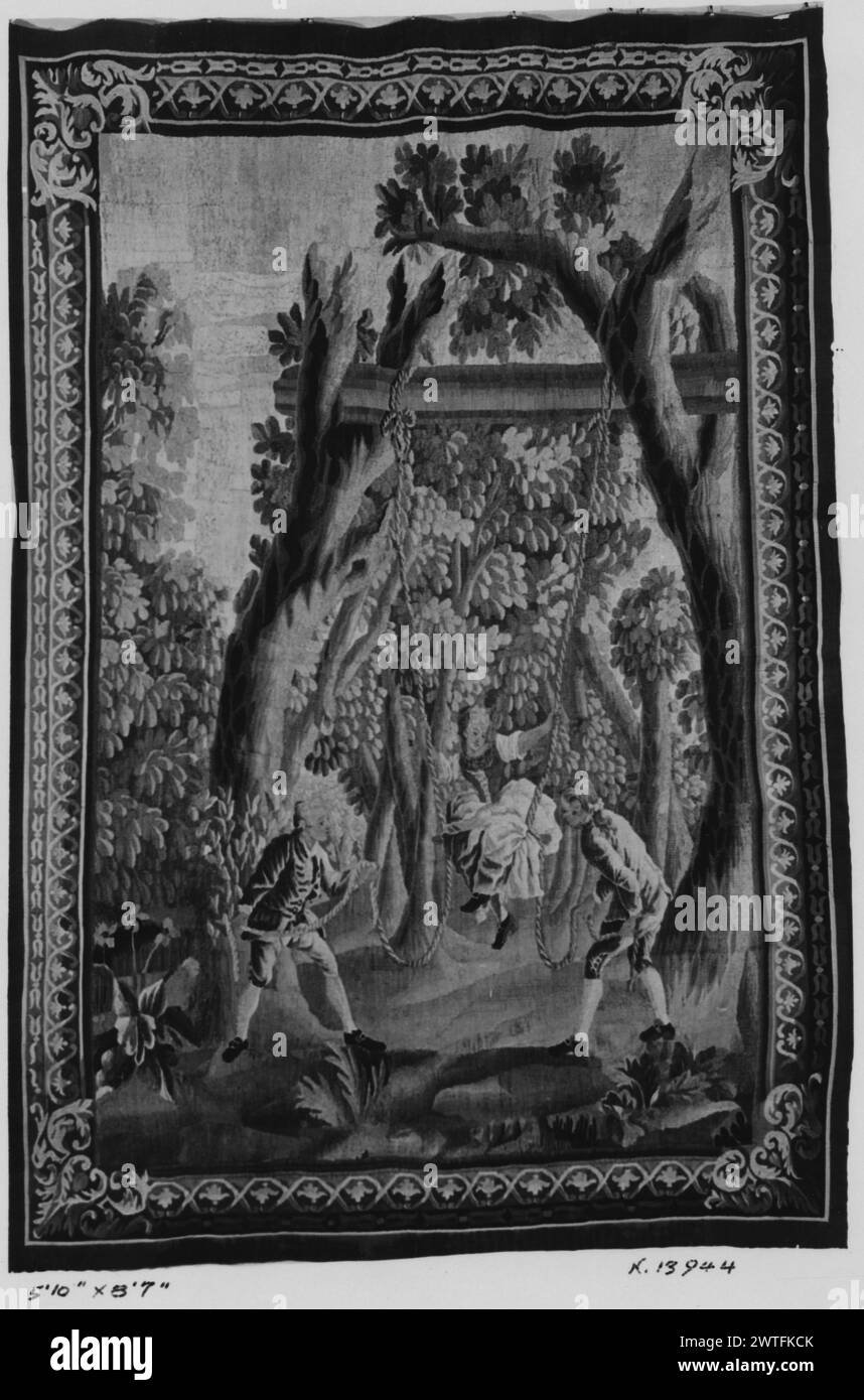 Swing. unknown c. 1780-1810 Tapestry Dimensions: H 8'7' x W 5'10' Tapestry Materials/Techniques: unknown Culture: French Weaving Center: Aubusson Ownership History: French & Co. In landscape with trees, plants & animals, 2 young men each holding rope flank a lady on a swing (BRD) picture-frame border with S-scrolled guilloche motif enclosing flower head; outer band of stylized bell flowers & acanthus leaves in corners There is a variant to this scene, with the presence to the right of a woman with children & animals. Similarly, the composition can be seen enlarged, with the inclusion of a grou Stock Photo