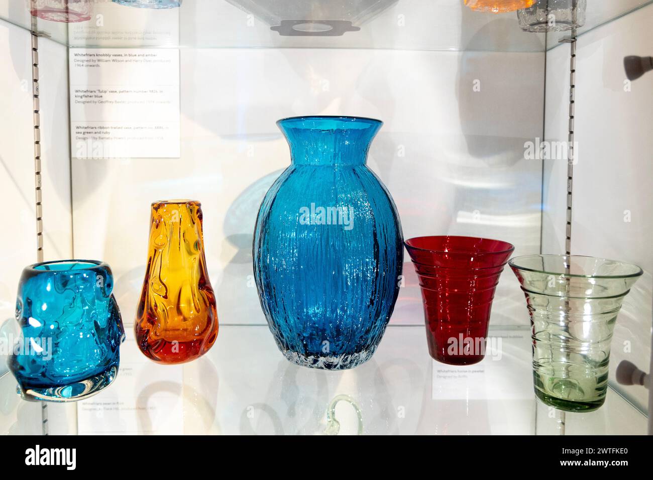 1960s - 1970s Whitefriars Glass colourful glassware on display at the Headstone Manor and Museum, Harrow, London, England Stock Photo