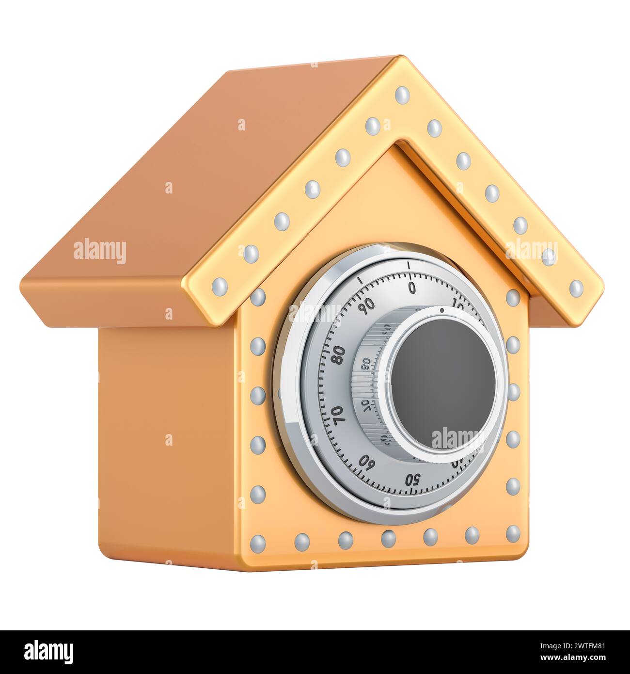 Golden House with safe combination lock. Security and protection, concept. 3D rendering isolated on white background Stock Photo